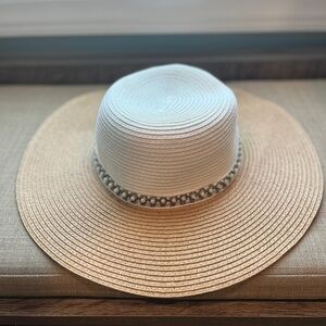 Pearl Beaded Ban Natural Straw and White Sun Hat NWT